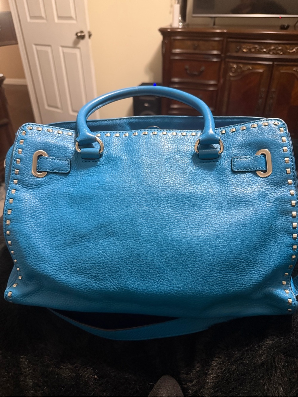 Michael Kors Bright Turquoise Leather Satchel with Stud Accents - Picture 2 of 9